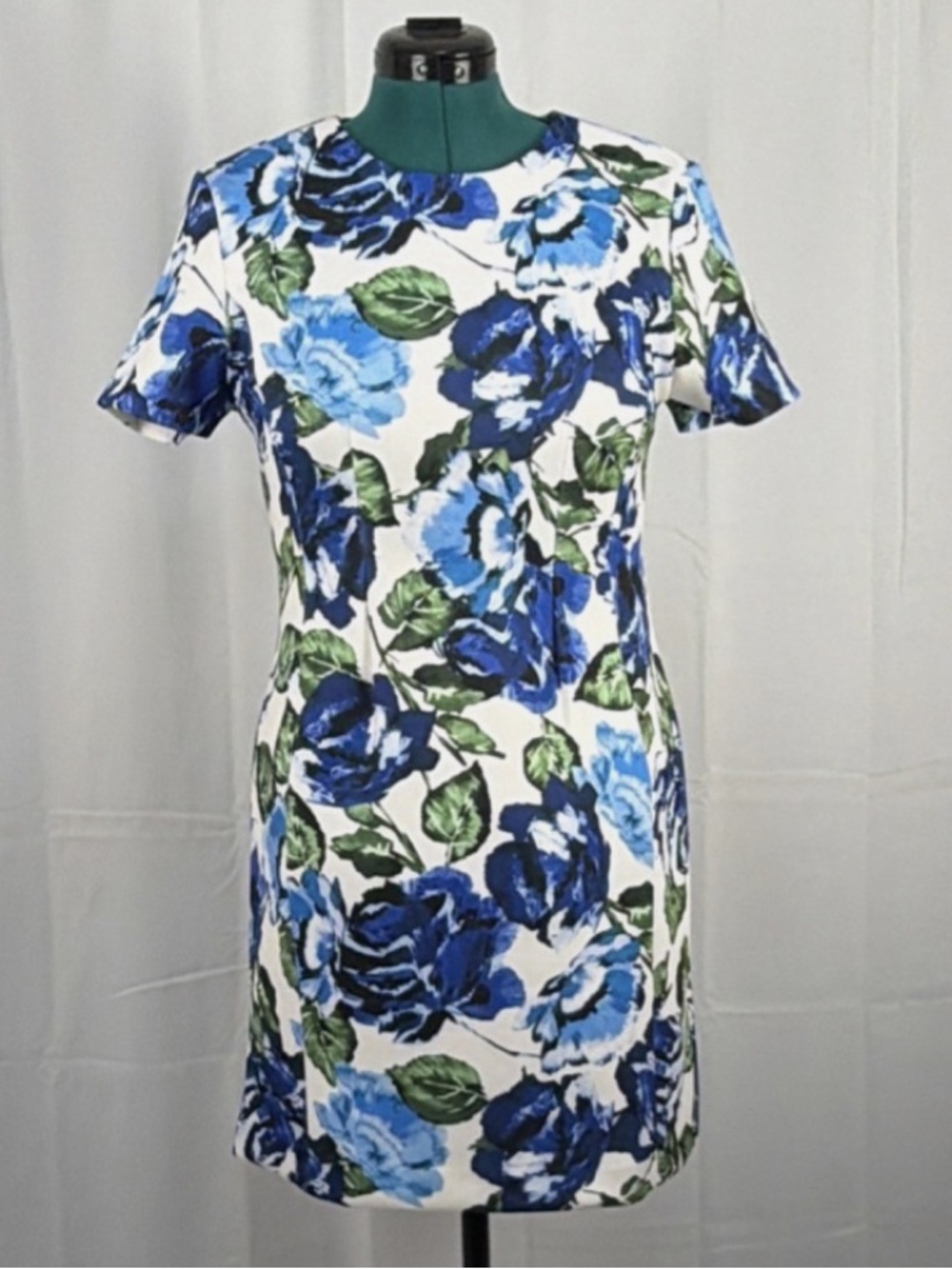 Halston Floral Sheath Dress 8 Short Sleeve White Blue Green Zip NWT